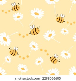 Seamless pattern with bee cartoons and daisy flower on yellow background vector illustration.
