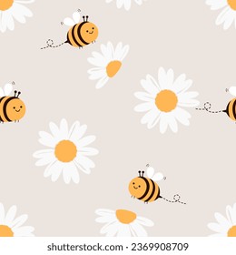 Seamless pattern with bee cartoons and daisy flower on grey background vector illustration. Cute childish print.