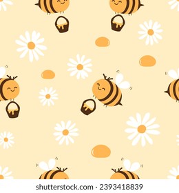 Seamless pattern with bee cartoons, daisy flower and honey drops on yellow background vector illustration.