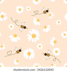 Seamless pattern with bee cartoons and daisy flower on orange background vector illustration. 