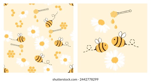 Seamless pattern with bee cartoons, daisy flower and honey sticks on yellow background vector.