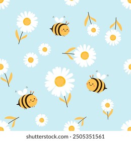 Seamless pattern with bee cartoons and daisy flower on blue background vector.