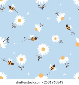 Seamless pattern with bee cartoons, daisy flower and flying petals on blue background vector.