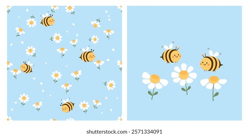 Seamless pattern with bee cartoons and daisy flower on blue background. Bee cartoons and daisy icon set vector.