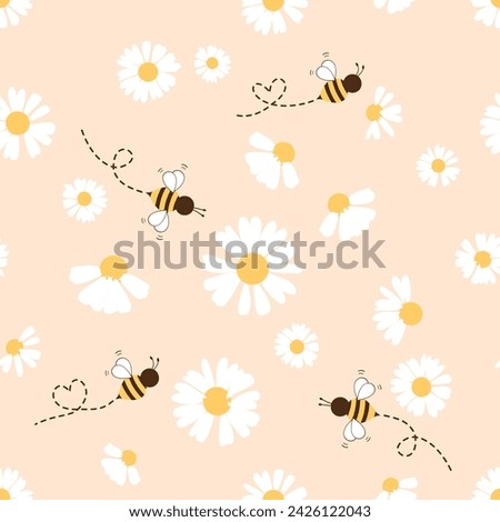 Seamless pattern with bee cartoons and daisy flower on orange background vector illustration. 
