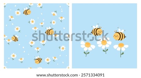 Seamless pattern with bee cartoons and daisy flower on blue background. Bee cartoons and daisy icon set vector.