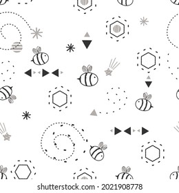 Seamless pattern with bee cartoons and doodle geometric shapes on white background vector illustration.