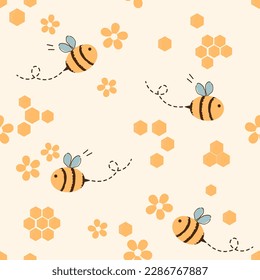 Seamless pattern with bee cartoons, flower and beehive honeycomb on yellow background vector illustration. 