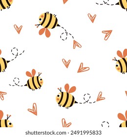 Seamless pattern with bee cartoons and hand drawn hearts on white background vector.