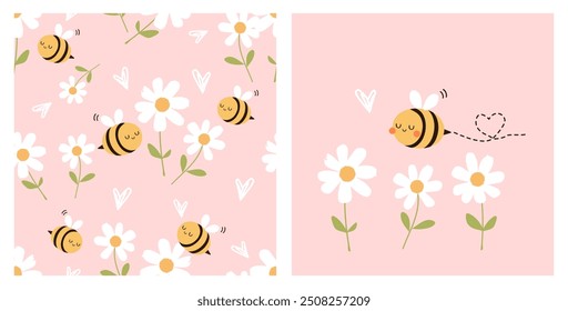 Padrão perfeito com desenhos animados de abelhas, coração desenhado à mão e flor de margarida no vetor de fundo rosa. Daisy ícone set e desenho animado abelha.