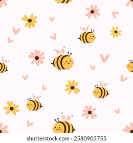 Seamless pattern with bee cartoons, hand drawn hearts and cute flower on pink background vector.