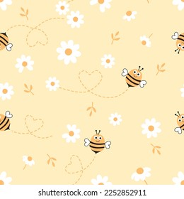 Seamless pattern with bee cartoons, heart dot line, daisy flower and branch on yellow background vector illustration. Cute childish print.