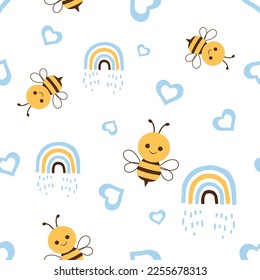 Seamless pattern with bee cartoons, hearts and rainbows on white background vector illustration.