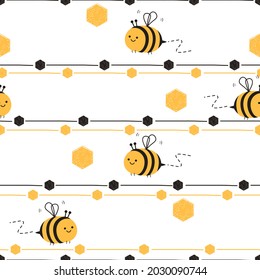 Patrón incomparable de dibujos animados de abejas y formas hexágonas en la ilustración vectorial de fondo blanco.