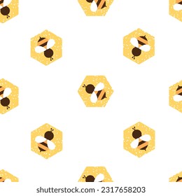 Seamless pattern with bee cartoons and hexagon grid cells on white background vector illustration.