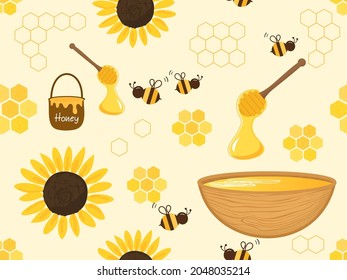 Seamless pattern with bee cartoons, honey bucket, sunflower, hive, wooden dipper on yellow background vector illustration.