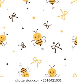 Seamless pattern with bee cartoons, honey drops and ribbon bows on white background vector.