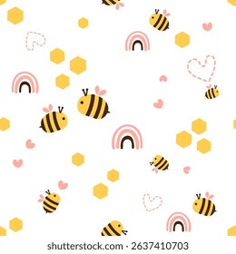 Seamless pattern with bee cartoons, honey sign and pink hearts on white background vector.