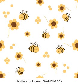 Patrón sin fisuras con dibujos animados de abejas, signo de la miel y girasol en el Vector de fondo blanco. 