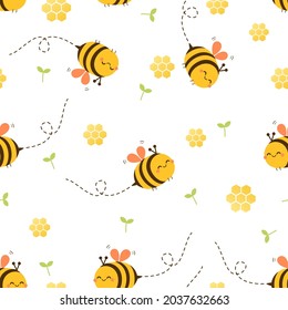 Seamless pattern with bee cartoons and honeycomb on white background vector illustration.