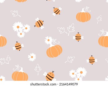 Seamless pattern with bee cartoons, leaves, cute flower and pumpkins on grey background vector illustration. 