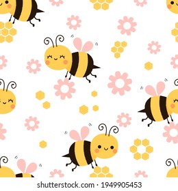 Seamless pattern with bee cartoons and little flowers on white background vector illustration. 