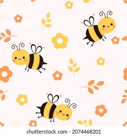 Seamless pattern with bee cartoons and little flower on pastel pink background vector illustration.