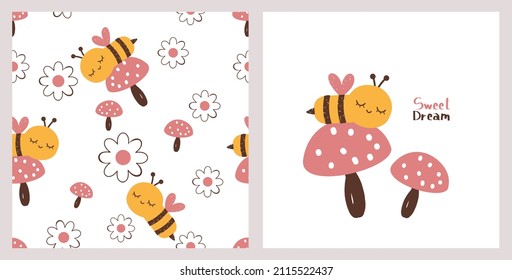 Seamless pattern with bee cartoons, mushrooms and daisy flower on white background. Nursery wall art decoration with sleeping bee cartoon on mushrooms vector illustration.