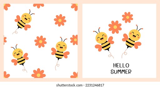 Patrón sin foco con dibujos animados de abejas y flor naranja sobre fondo blanco. Hola verano con alegres dibujos animados de abejas ilustraciones vectoriales.