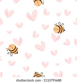 Seamless pattern with bee cartoons and pink hearts on white background vector illustration. Cute nursery  wallpaper.