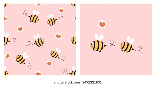 Patrón sin fisuras con dibujos animados de abejas y corazón rojo sobre fondo rosa. Dibujos animados de abeja y Vector de conjunto de iconos del corazón. Lindo estampado infantil.