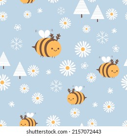 Seamless pattern with bee cartoons, snowflakes, pine tree and daisy flower on blue background vector illustration.