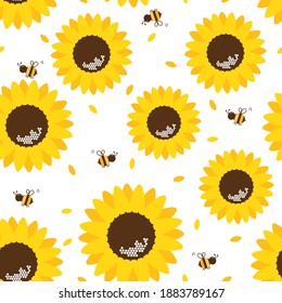 Seamless pattern with bee cartoons and sunflower field on white background vector illustration.