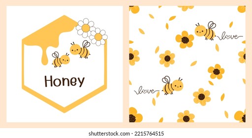 Seamless pattern with bee cartoons, sunflower, flying petals and hand written fonts on white background. Honey logo sign with bee cartoons and daisy flower vector illustration.