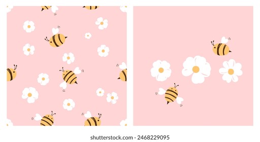 Seamless pattern with bee cartoons and white flower on pink background. Bee cartoons and white flower icon sign vector.