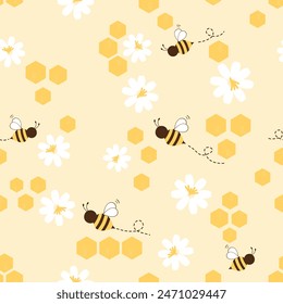 Seamless pattern with bee cartoons and white flower on yellow background vector.