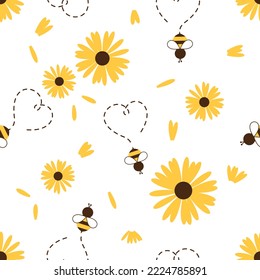 Seamless pattern with bee cartoons and  yellow daisy flower on white background vector illustration.