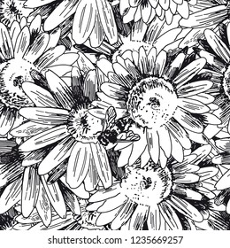 Seamless pattern with a bee collecting honey on flowers. Vector sketches hand drawn illustration background. Flyer, booklet advertising and design.