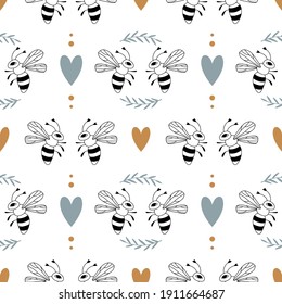 Nahtloses Muster mit Bienenpaar und Herz. Valentinstag, Insektenhintergrund. Romantische Textur für Textilien, Stoff, Papier. Hochzeitskonzept. handgezeichnete Vektorgrafik