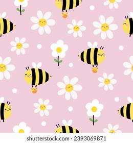 Seamless pattern with Bee, daisy floral on pink background for your fabric, children textile, apparel, nursery decoration, gift wrap paper, kids bedding, baby's shirt. Vector illustration