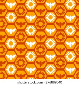 Seamless pattern with bee and flower icons on honeycomb background