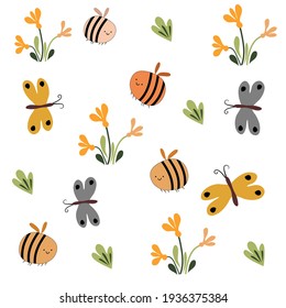 The seamless pattern of bee  flower and leaves. Illustation about bee for background , banner, sticker label and greeting card.