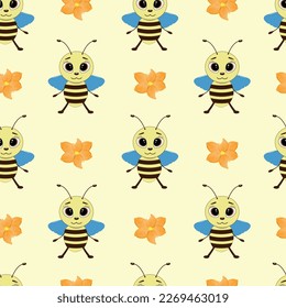 Seamless pattern with a bee and a flower on a yellow background.