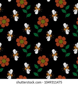 Seamless pattern with bee and flowers embroidery stitches imitation. Vintage decorative element for embroidery background, patches and stickers.