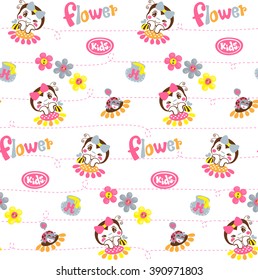Seamless pattern, bee girl resting chin on hands on sunflower with ladybug illustration vector.