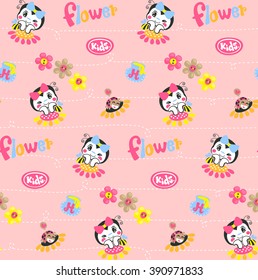 Seamless pattern, bee girl resting chin on hands on sunflower with ladybug illustration vector.