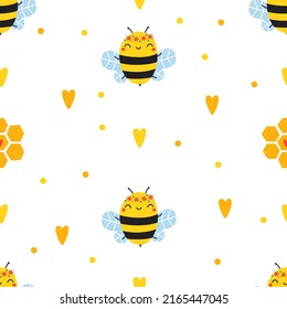 Seamless pattern with a bee, hearts and honeycomb. Vector illustration