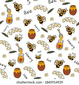 Seamless pattern with bee and honey jar. Vector Illustration.