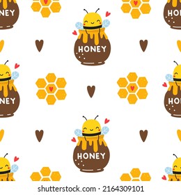Patrón sin foco con una abeja en una olla de miel, peines de miel y corazones. Ilustración del vector