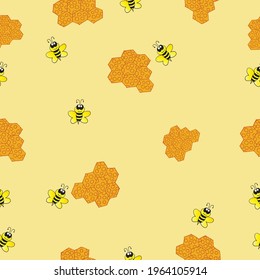 seamless pattern with bee and honeycom illustration on yellow background. smiley face of bee with honeycomb. hand drawn vector. doodle art for wallpaper, design, backdrop, fabric, wrapping paper. 